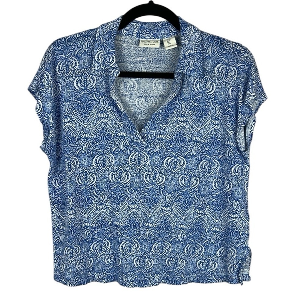 Rachel Zoe Blue and White Short Sleeve V-Neck Tee